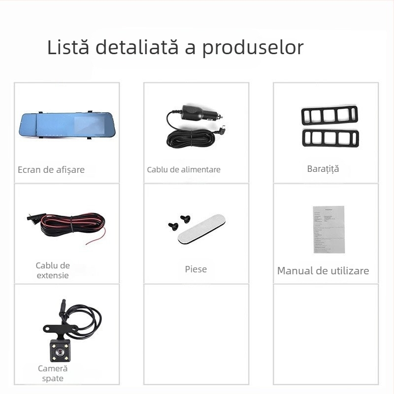 Camera de bord pentru oglinda retrovizoare — 1080p, viziune nocturnă, înregistrare duală, unghi vizual 140°, stocare cu card TF