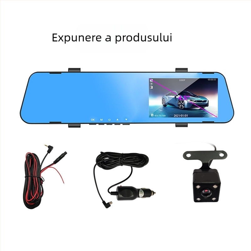 Camera de bord pentru oglinda retrovizoare — 1080p, viziune nocturnă, înregistrare duală, unghi vizual 140°, stocare cu card TF