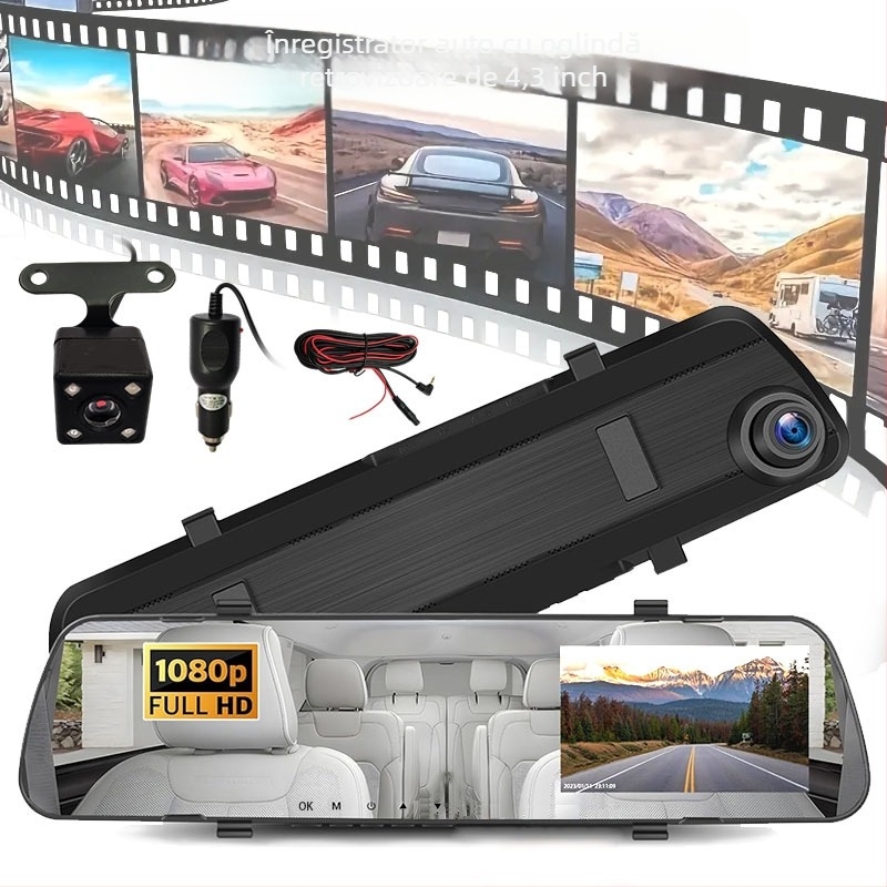 Camera de bord pentru oglinda retrovizoare — 1080p, viziune nocturnă, înregistrare duală, unghi vizual 140°, stocare cu card TF