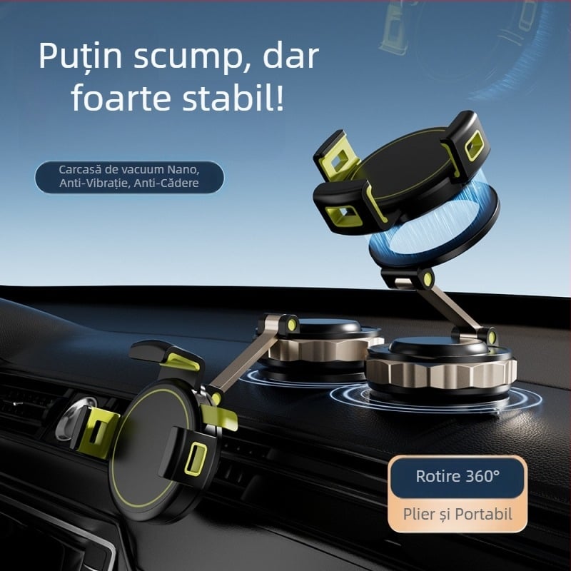 Suport auto pentru telefon cu ventuză, rotire la 360°, fixare magnetică – universal pentru bord
