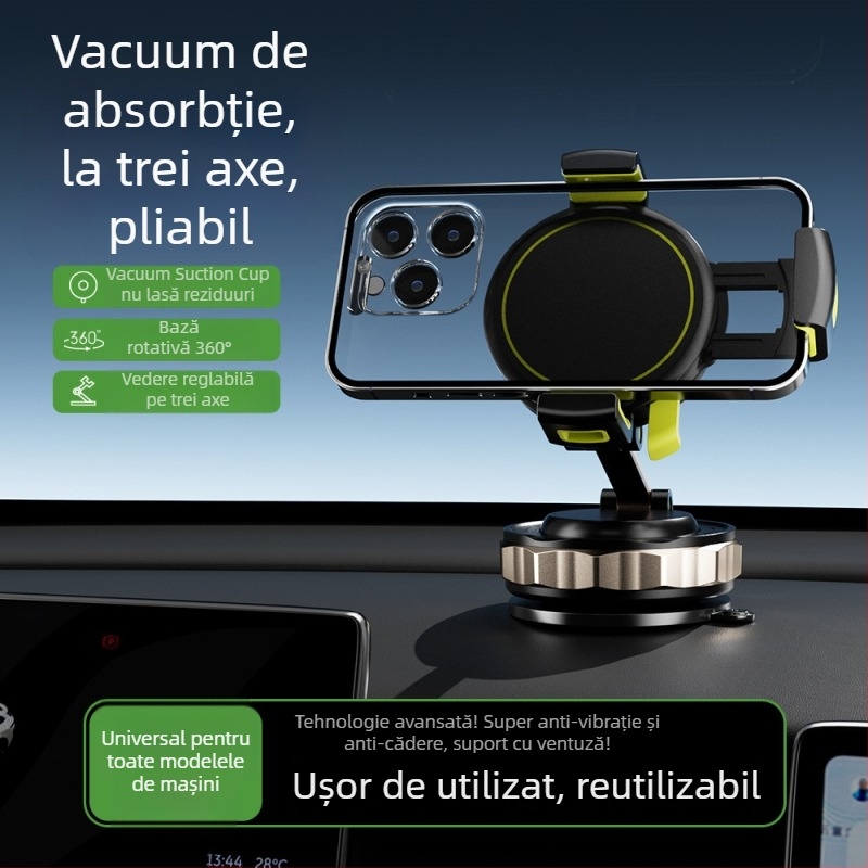 Suport auto pentru telefon cu ventuză, rotire la 360°, fixare magnetică – universal pentru bord