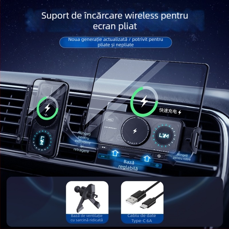 Suport pliabil pentru telefon auto cu incarcere wireless rapida - 7,5 W, montaj tip snap-on pe ventilatie, model X07, compatibil universal