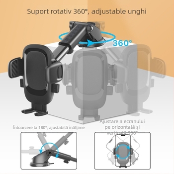 Suport auto pentru telefon cu ventuză rotativă și tijă telescopică reglabilă, universal, din plastic