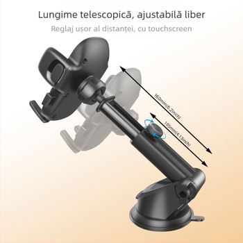 Suport auto pentru telefon cu ventuză rotativă și tijă telescopică reglabilă, universal, din plastic