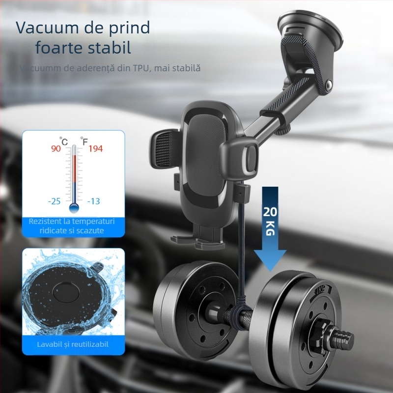 Suport auto pentru telefon cu ventuză rotativă și tijă telescopică reglabilă, universal, din plastic