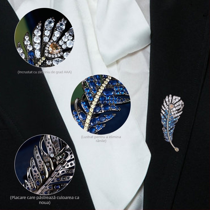 Broșă cu pene, cupru, pentru femei, stil lux, placare electroplatinată, model M-344