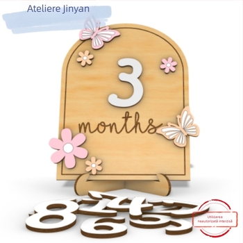 Suport fotografic din lemn pentru nou-născuți: plăcuță pentru luna nașterii cu margaretă mică, plăcuță comemorativă și card de etape pentru bebeluș (Material: lemn; Categorie: ornamente; Scenarii de utilizare: acasă; Ocazii de cadou: ziua de naștere, absol