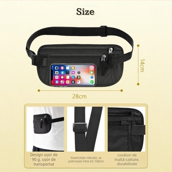 Zidelon Geantă de talie din nylon cu blocare RFID pentru pașaport – pentru călătorii în aer liber, unisex, organizator anti-efracție pentru documente cu căptușeală poliester