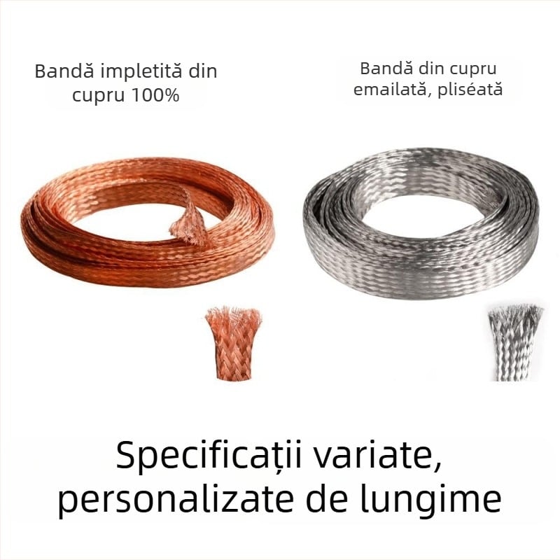 Cablu de împământare din cupru împletit (Material: cupru pur sau cupru placat cu staniu; Model: bandă împletită; Lungime: la comandă; Personalizare: Da; Aplicații: cabluri auto, laboratoare, centre de date, echipamente electronice, EMI pentru aerospațial/i