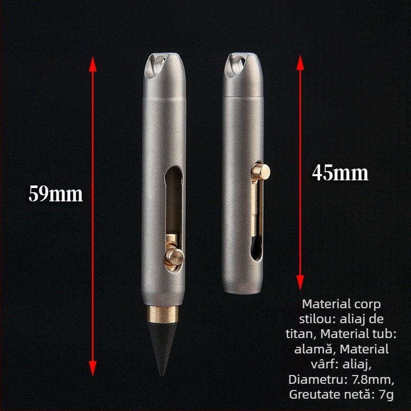 Mini creion din aliaj de titan, cu vârf înlocuibil, clip breloc, scriere de urgență