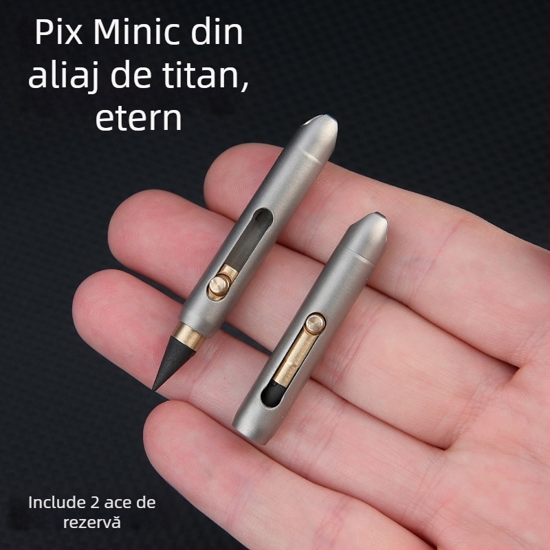 Mini creion din aliaj de titan, cu vârf înlocuibil, clip breloc, scriere de urgență