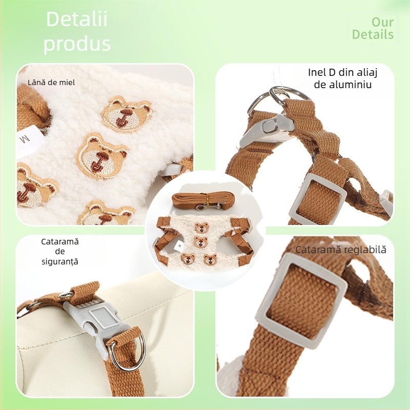 Set ham și lesă pentru câini, ursuleț desen animat din lână de miel, reglabil
