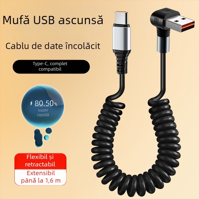 Cablu auto retractabil cu cotă 3D pentru Apple iPhone 15 Type-C, Lightning & Type-C, 100W încărcare rapidă, nucleu din cupru, izolație siliconică