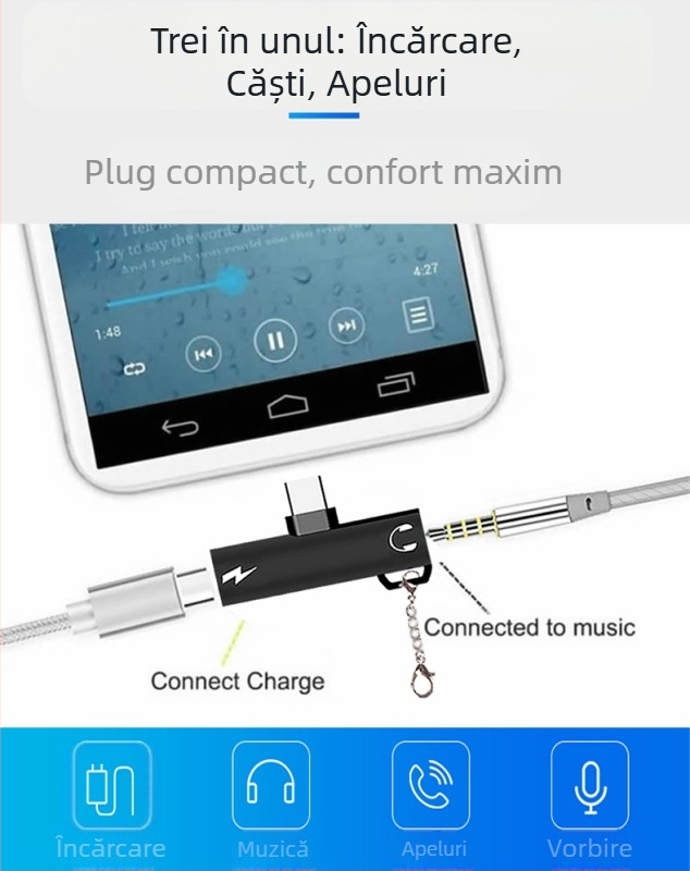 Adaptor pentru căști Type-C cu mufă 3,5 mm și încărcare USB-C, pentru telefoane cu port Type-C unic