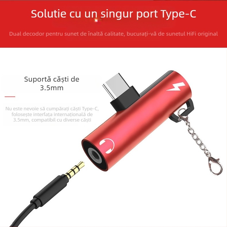 Adaptor pentru căști Type-C cu mufă 3,5 mm și încărcare USB-C, pentru telefoane cu port Type-C unic