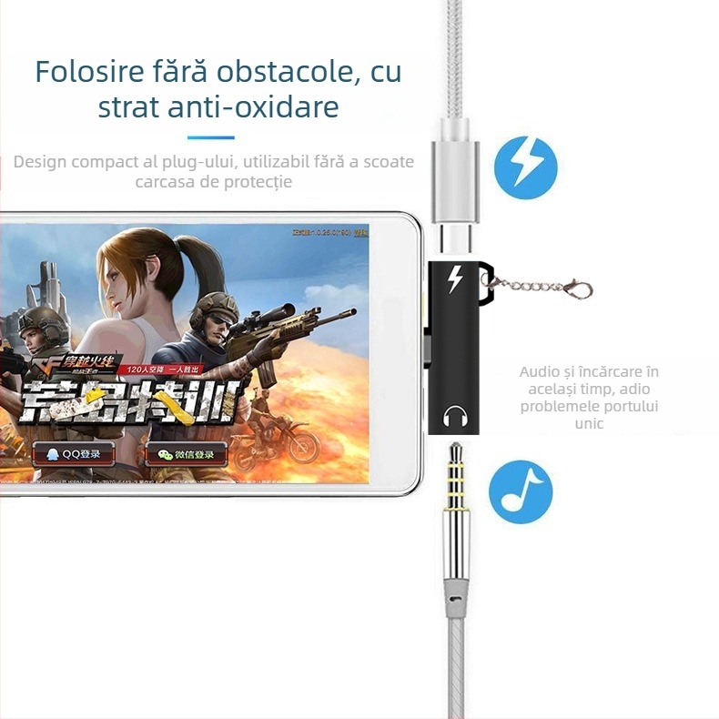 Adaptor pentru căști Type-C cu mufă 3,5 mm și încărcare USB-C, pentru telefoane cu port Type-C unic