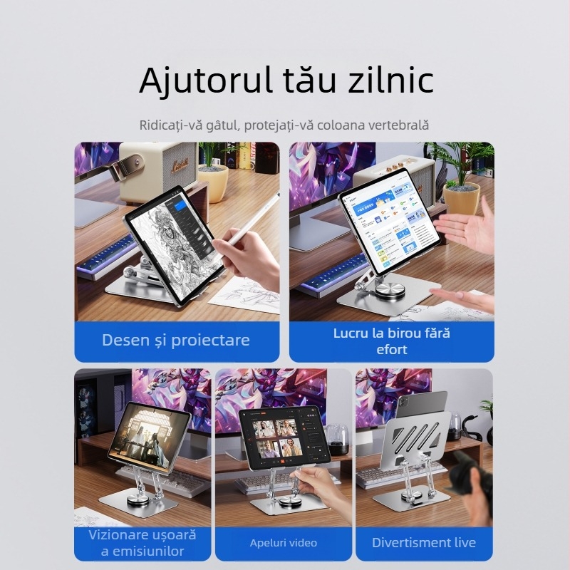 Suport pentru tabletă rotativ la 360° — de birou, pliabil, din aliaj de aluminiu, Model P001