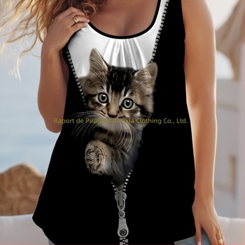 Top dama vară casual cu guler rotund, imprimeu D Cat, model animal, croială A-line, bretele detașabile, PVC; 95% poliester, 5% spandex