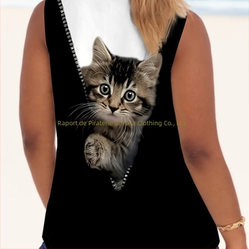 Top dama vară casual cu guler rotund, imprimeu D Cat, model animal, croială A-line, bretele detașabile, PVC; 95% poliester, 5% spandex