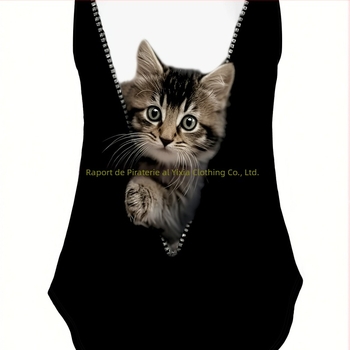 Top dama vară casual cu guler rotund, imprimeu D Cat, model animal, croială A-line, bretele detașabile, PVC; 95% poliester, 5% spandex