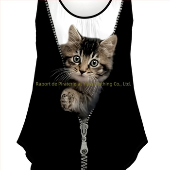 Top dama vară casual cu guler rotund, imprimeu D Cat, model animal, croială A-line, bretele detașabile, PVC; 95% poliester, 5% spandex