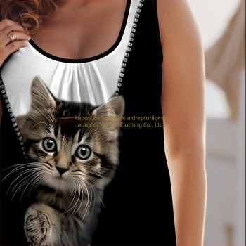 Top dama vară casual cu guler rotund, imprimeu D Cat, model animal, croială A-line, bretele detașabile, PVC; 95% poliester, 5% spandex
