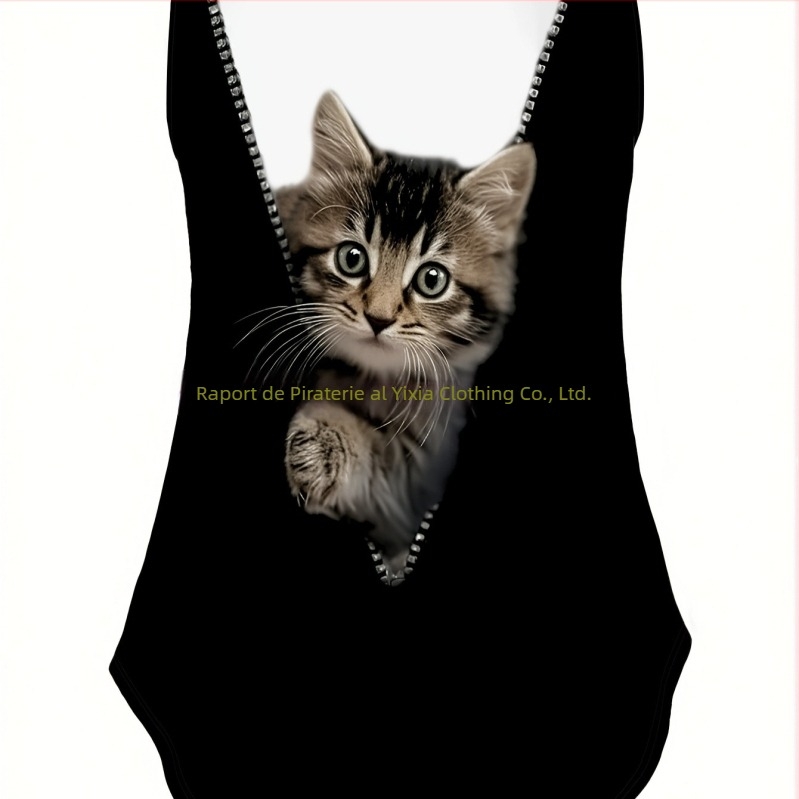 Top dama vară casual cu guler rotund, imprimeu D Cat, model animal, croială A-line, bretele detașabile, PVC; 95% poliester, 5% spandex