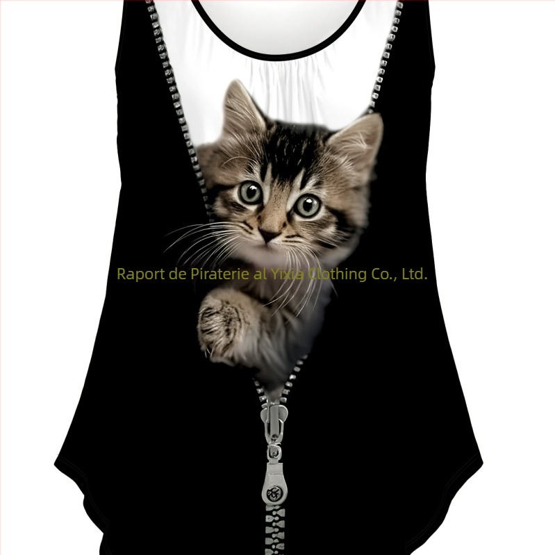 Top dama vară casual cu guler rotund, imprimeu D Cat, model animal, croială A-line, bretele detașabile, PVC; 95% poliester, 5% spandex