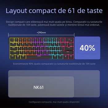 Tastatură de gaming, layout 60%, până la 87 taste, conectare prin cablu, switch-uri mecanice
