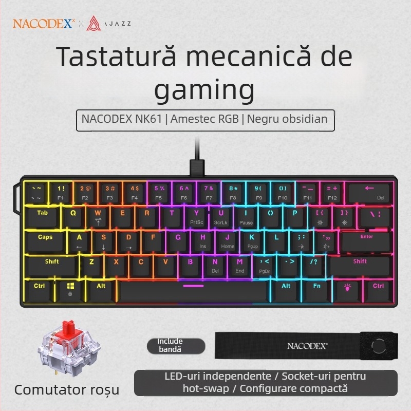 Tastatură de gaming, layout 60%, până la 87 taste, conectare prin cablu, switch-uri mecanice