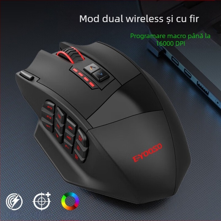Mouse optic X33 pentru gaming, modul dual cablat și wireless, USB, 16000 DPI, 9 butoane