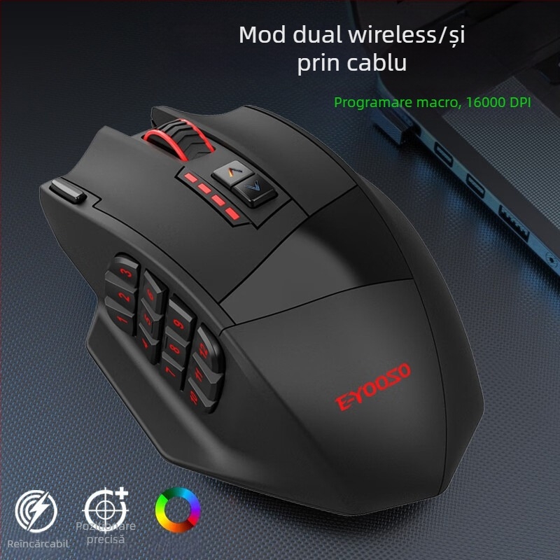 Mouse optic X33 pentru gaming, modul dual cablat și wireless, USB, 16000 DPI, 9 butoane