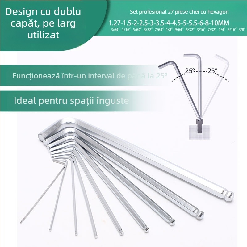 Celtic set de 27 chei hexagonale metrice, din oțel crom-vanadiu, cap în formă de L