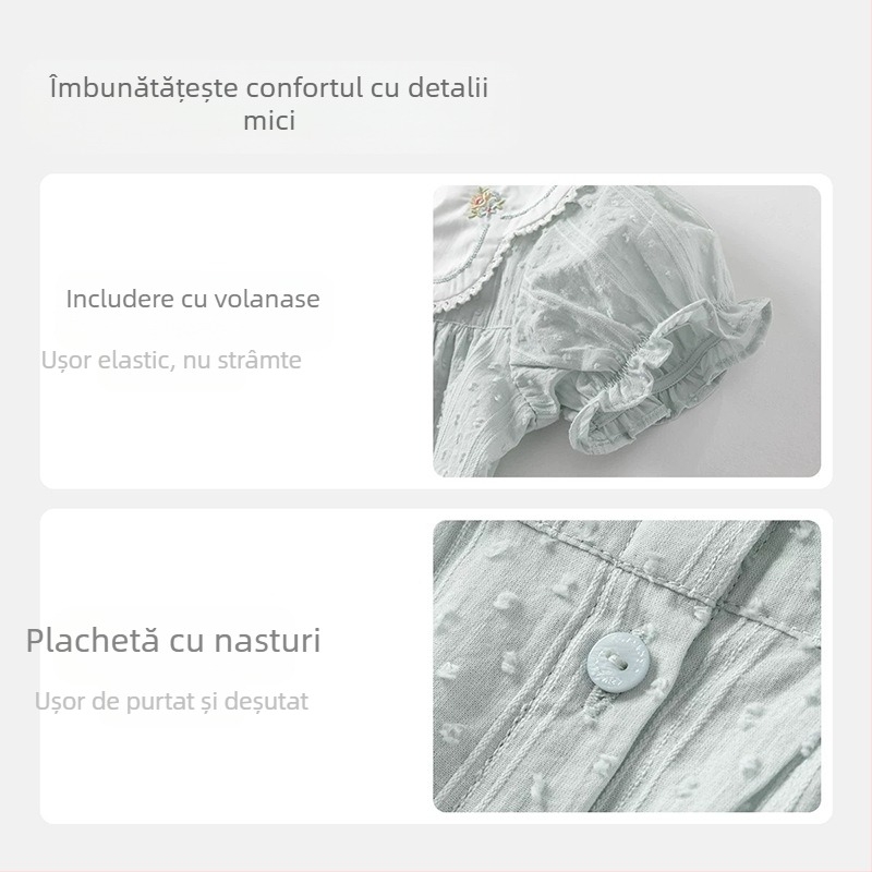 Cămașă pentru copii din bumbac, stil coreean, guler rotund, mâneci scurte, 100% bumbac