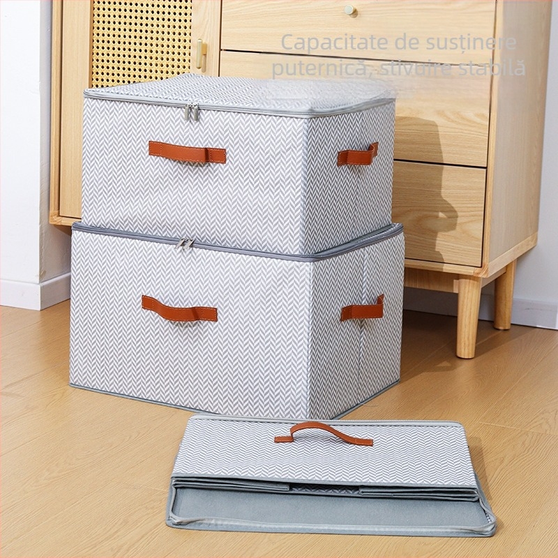 Cutie de depozitare cu fermoar și capac, model oase de pește, din material nețesut, capacitate 90–100 L, pliabilă și portabilă