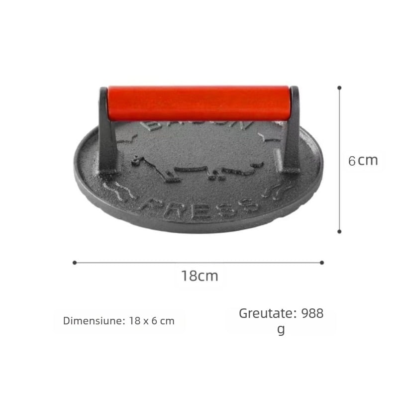 Presă de carne din fontă, manuală, antiaderentă, netencuită, cu mâner din lemn de fag; greutate 1 kg, adâncime 1 cm, formă pătrată/rotundă