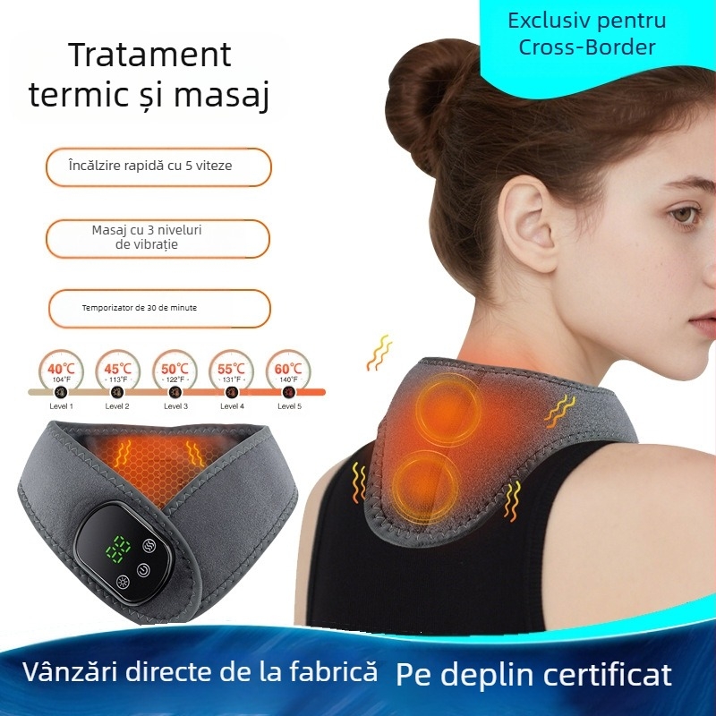 Masaj pentru gât cu încălzire electrică – 5 niveluri de temperatură, 3 moduri de vibrație, temporizator de 30 de minute, baterie încorporată de 1800 mAh