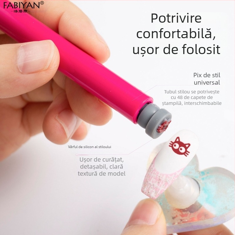 Set de ștampilare unghii cu 48 capete din silicon înlocuibile — Motive fluture și floare; Material plastice; Greutate netă 75–80 g