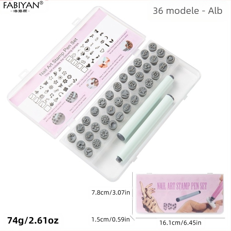Set de ștampilare unghii cu 48 capete din silicon înlocuibile — Motive fluture și floare; Material plastice; Greutate netă 75–80 g