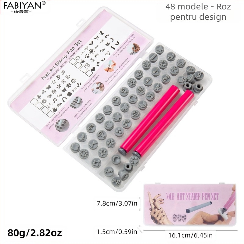 Set de ștampilare unghii cu 48 capete din silicon înlocuibile — Motive fluture și floare; Material plastice; Greutate netă 75–80 g