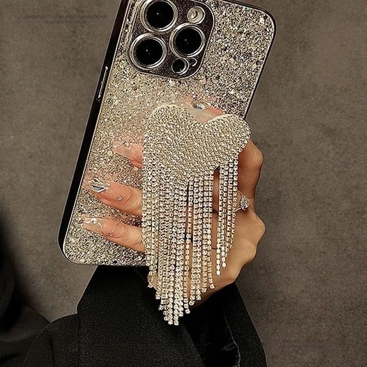 Suport pentru iPhone cu inimă din rășină lucioasă și perdea de mărgele, material acrilic, rezistent la cădere, compatibil Apple (Design: Resin Glitter Heart Beaded Curtain Stand)