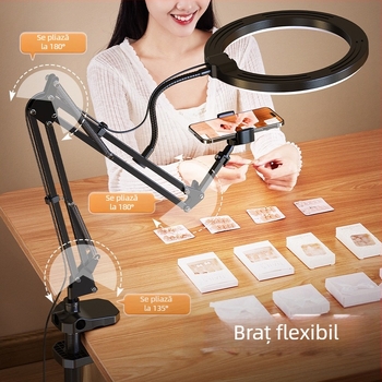 Suport pentru telefon cu iluminare LED pentru filmări de sus pe birou și streaming; înregistrare mâncare și bijuterii; universal pentru telefoane; model F1a; aliaj de aluminiu