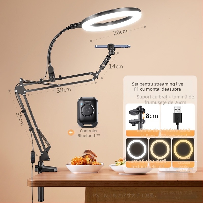 Suport pentru telefon cu iluminare LED pentru filmări de sus pe birou și streaming; înregistrare mâncare și bijuterii; universal pentru telefoane; model F1a; aliaj de aluminiu