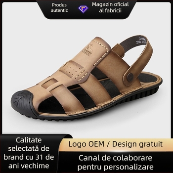 Sandale pentru bărbați — partea superioară din piele de vită de înaltă calitate, vârf rotund, fără șireturi, respirante, talpă din cauciuc antiderapant