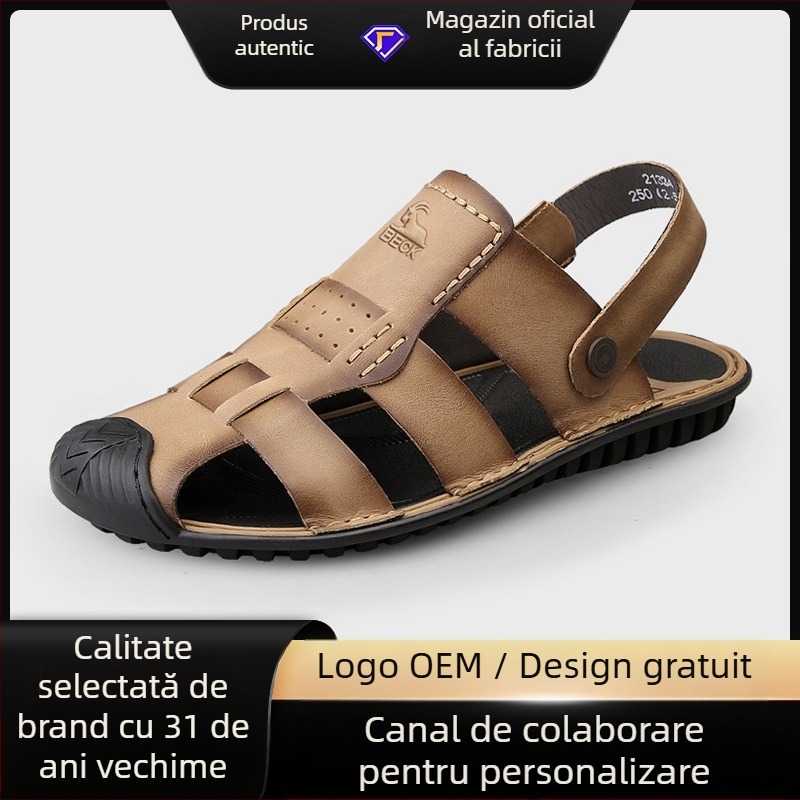 Sandale pentru bărbați — partea superioară din piele de vită de înaltă calitate, vârf rotund, fără șireturi, respirante, talpă din cauciuc antiderapant