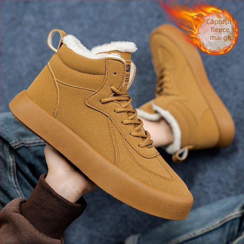 Papuci de casă pentru bărbați, calzi iarna, cu căptușeală de catifea, talpă PVC, înalți, șiret frontal