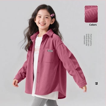 Cămașă pentru fete din corduroy, mâneci lungi, guler Turn-down, țesătură de poliester, stil coreean, primăvară-toamnă