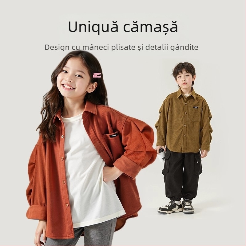Cămașă pentru fete din corduroy, mâneci lungi, guler Turn-down, țesătură de poliester, stil coreean, primăvară-toamnă