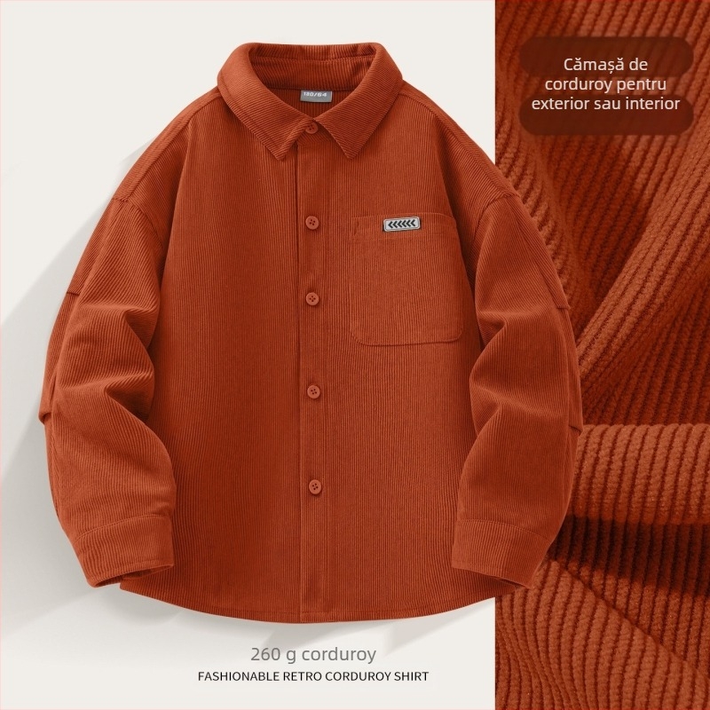 Cămașă pentru fete din corduroy, mâneci lungi, guler Turn-down, țesătură de poliester, stil coreean, primăvară-toamnă