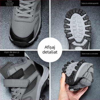 Pantofi copii pentru drumeții din bumbac, căptușeală fleece groasă, suprafață din piele sintetică, model cu dungi, talpă TPR, închidere Velcro